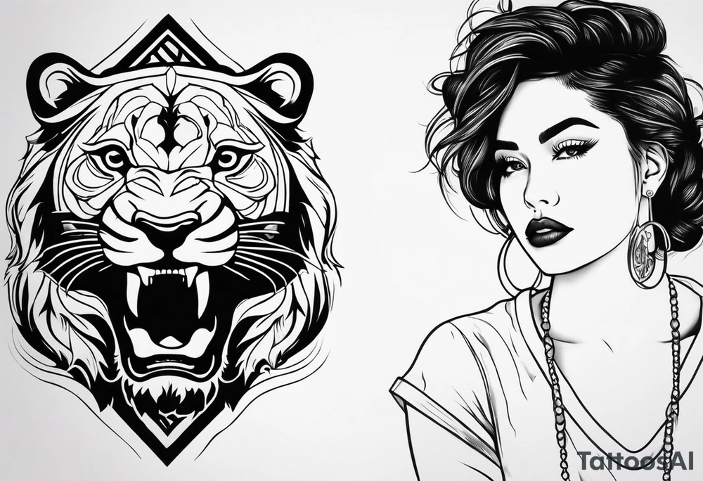 leão com relógio e bússola no fundo tattoo idea