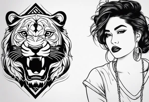 leão com relógio e bússola no fundo tattoo idea
