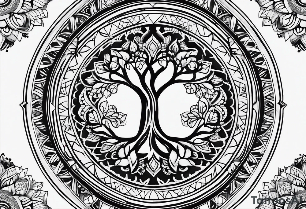small minimalistic delicate mandala with tree motif tattoo idea