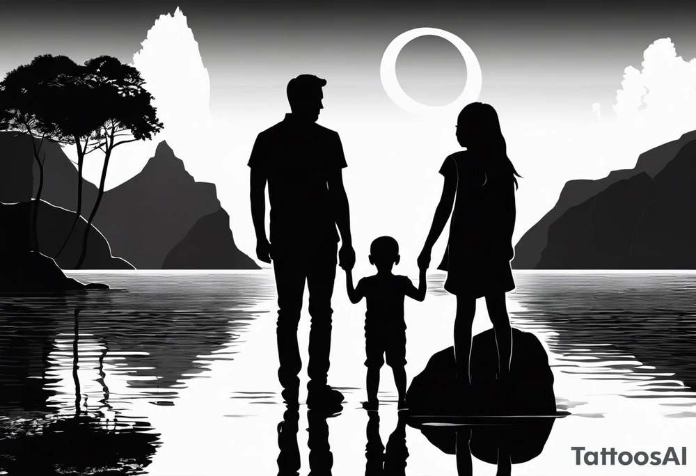 Silhouette of father standing in between daughter and younger son in front of water with reflection and waterfall with the waterfall only being blue. Everything else black and white tattoo idea