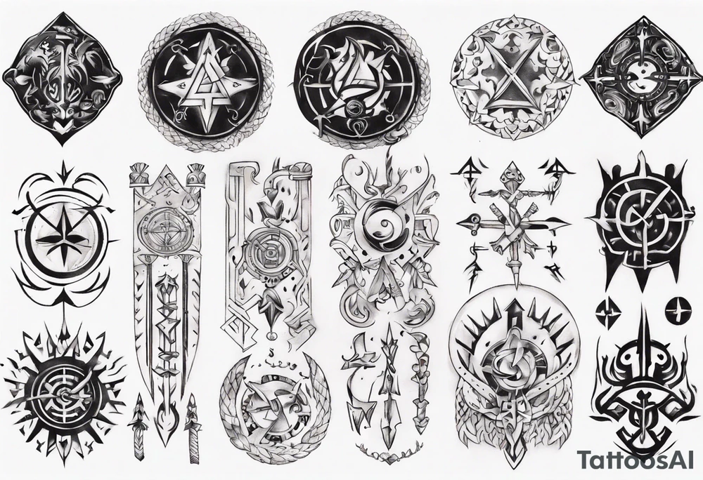 Upper arm sleeve of nordic symbols tattoo idea