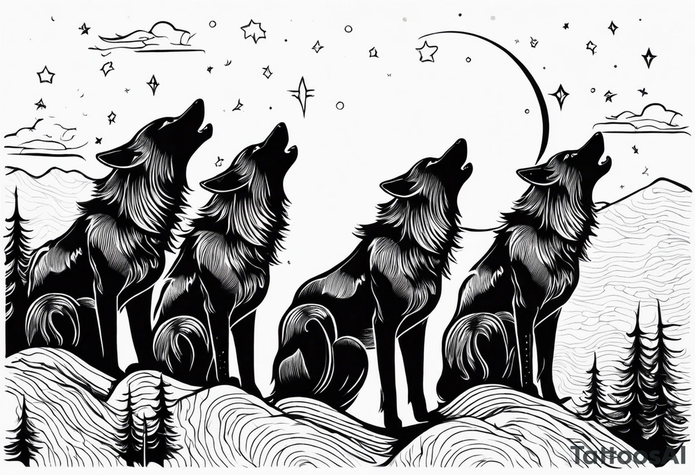 6 wolfs howling at moon tattoo idea