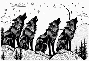 6 wolfs howling at moon tattoo idea
