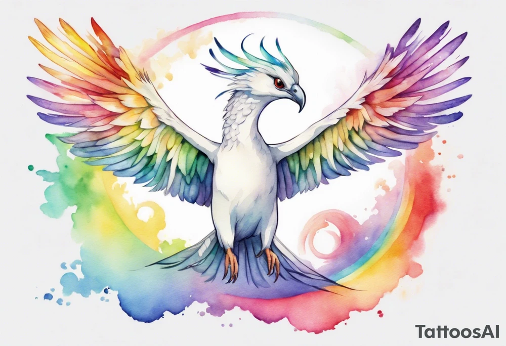 a watercolor of a white bird-serpent hybrid wearing a plain crown, with rainbow wing feathers, flying in the sky tattoo idea