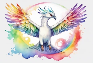 a watercolor of a white bird-serpent hybrid wearing a plain crown, with rainbow wing feathers, flying in the sky tattoo idea