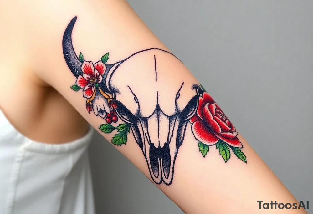 Buffalo or bison skull with flowers. Snow drop and red peony. Green holly with red berries, purple larkspur, red peony.  Colour. For upper arm or shoulder. tattoo idea