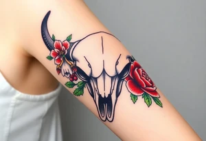 Buffalo or bison skull with flowers. Snow drop and red peony. Green holly with red berries, purple larkspur, red peony.  Colour. For upper arm or shoulder. tattoo idea