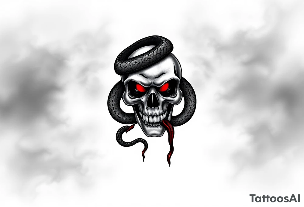 The Dark Mark, with the snake wrapped around the skull, stands out against a smoky, shadowy background. The skull has glowing red eyes, and the serpent’s tongue is dripping with dark, inky venom. Black and grey with hints of deep crimson for the eyes and serpent’s venom. Subtle touches of green and purple for the smoke. tattoo idea