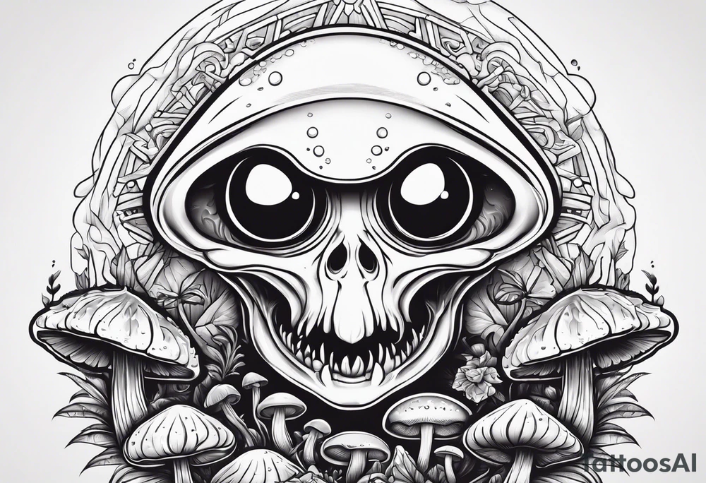 Alien head, mushroom, cartoon tattoo idea