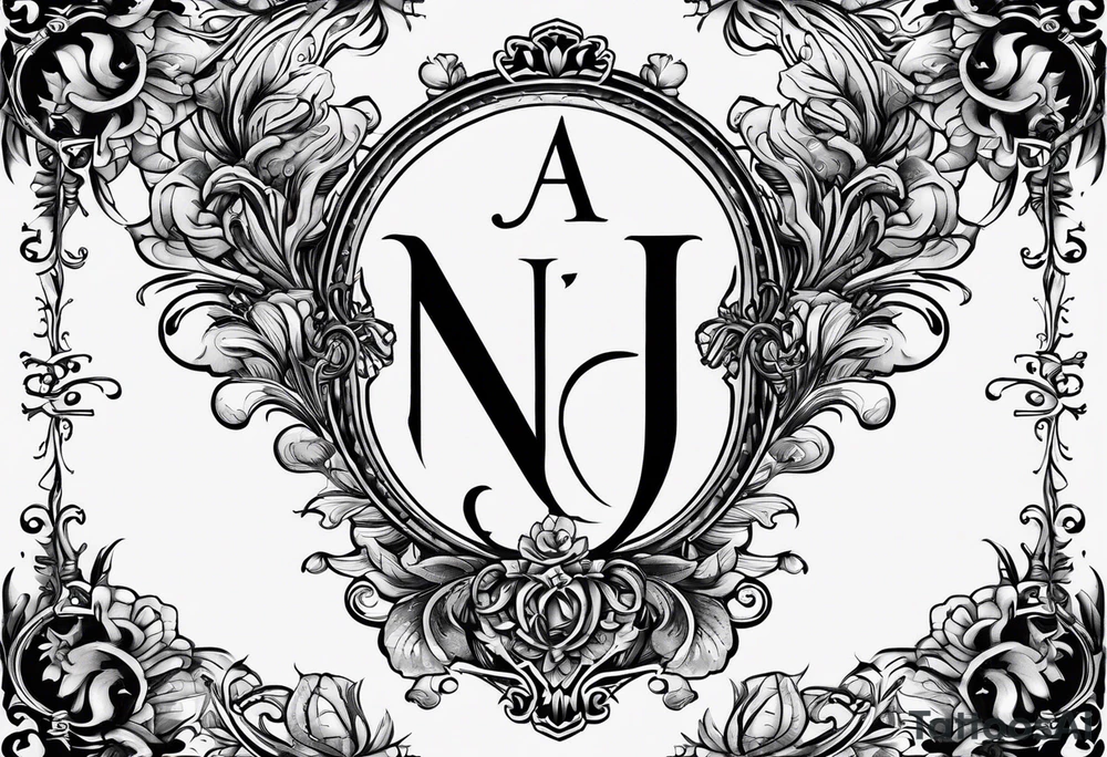 The initials N.A.J.E. in edwardian script surrounded by symmetrical smoke tattoo idea