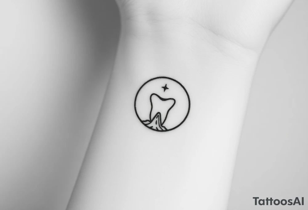 Minimalist molar tooth at the center of a half-circle crescent moon with a single falling star above and a subtle mountain silhouette at the bottom line, monochrome.” tattoo idea