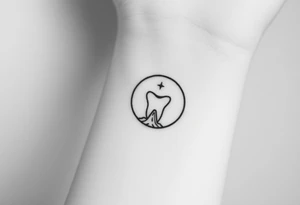 Minimalist molar tooth at the center of a half-circle crescent moon with a single falling star above and a subtle mountain silhouette at the bottom line, monochrome.” tattoo idea