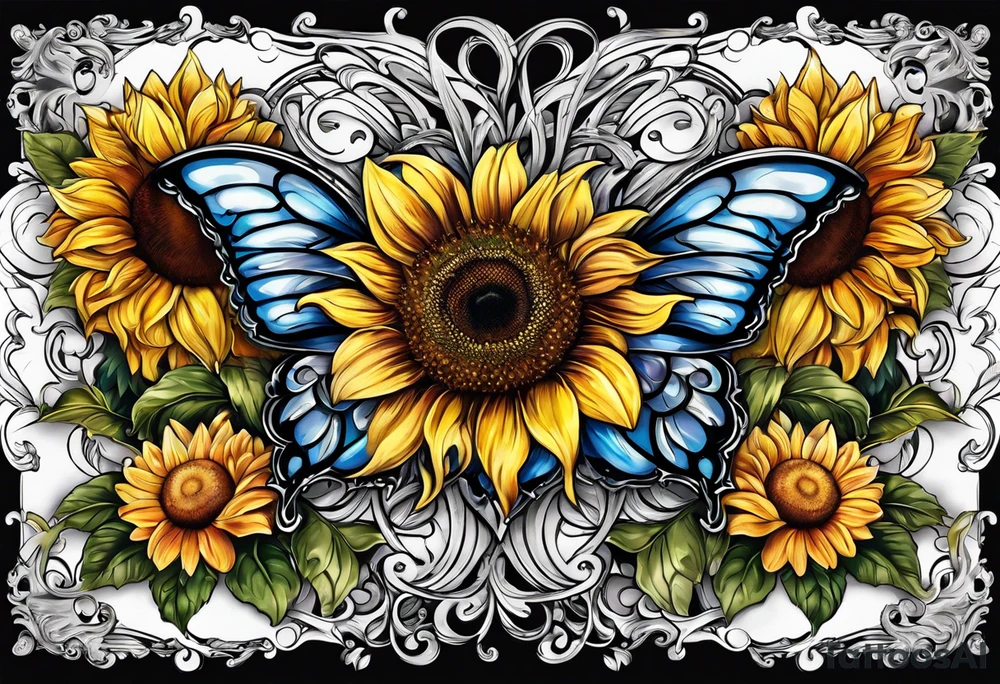 Arm sleeve with Winged cross with sunflower and butterflies tattoo idea