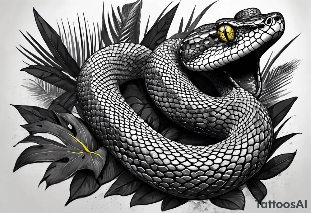 Black and grey realistic yellow blotched pit viper snake with rainforest background on forearm. I want the snake to look aggressive with mouth open showing fangs tattoo idea