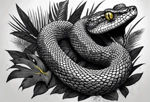 Black and grey realistic yellow blotched pit viper snake with rainforest background on forearm. I want the snake to look aggressive with mouth open showing fangs tattoo idea