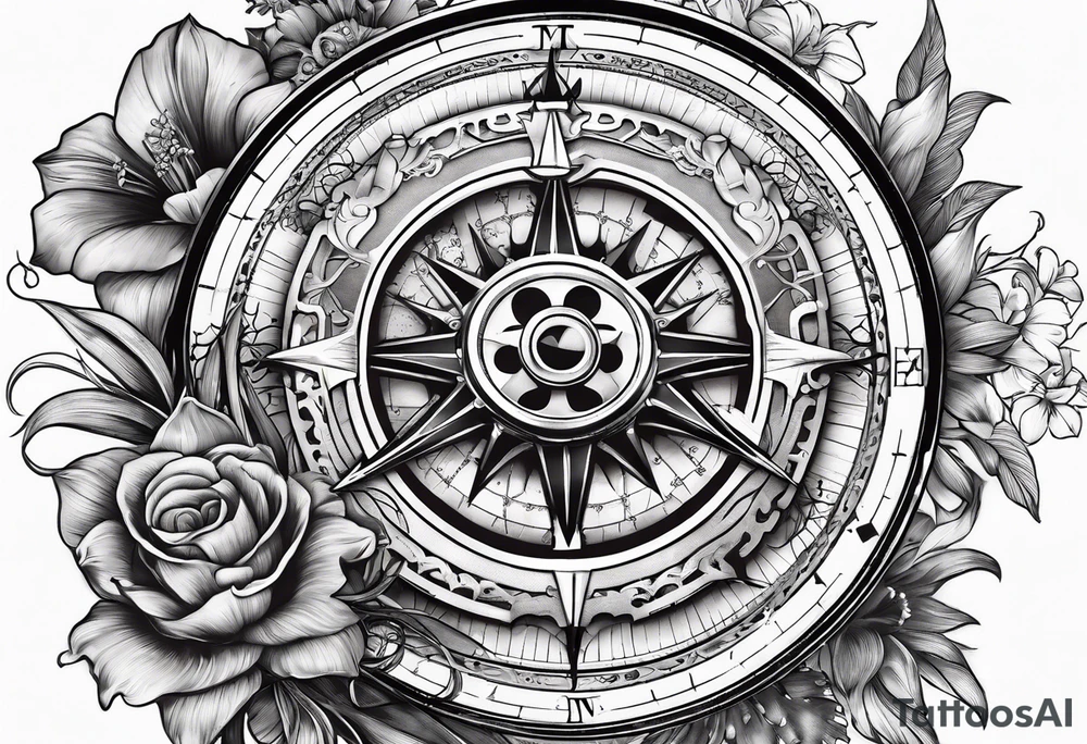 A Vintage compass and steampunk gears with gladiolus. tattoo idea