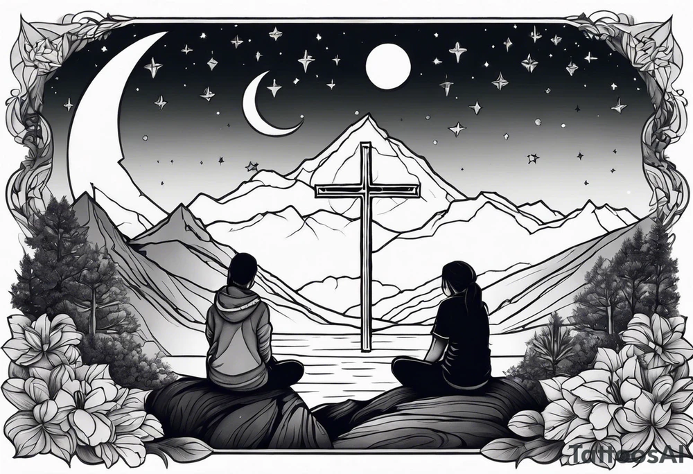 a family of three sitting in a nature with mountains, waterfall, water, and a cross in the background and and moon in the sky with stars tattoo idea