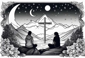 a family of three sitting in a nature with mountains, waterfall, water, and a cross in the background and and moon in the sky with stars tattoo idea
