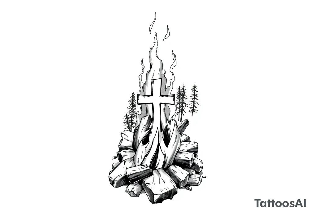 Campfire with cross hidden in the flames include the great outdoors tattoo idea
