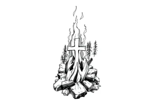 Campfire with cross hidden in the flames include the great outdoors tattoo idea