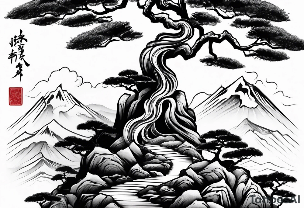 samurai and bonsai tree in japan tattoo idea