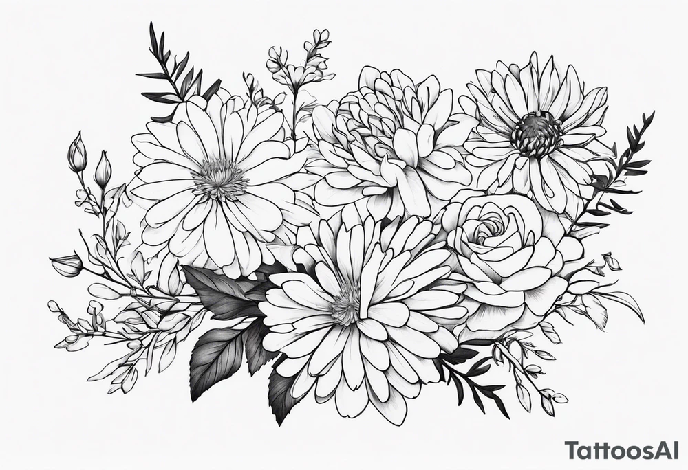 Asters, roses, hawthorns, and chrysanthemums in a long line tattoo idea