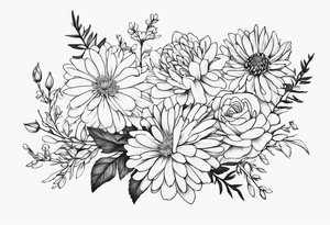 Asters, roses, hawthorns, and chrysanthemums in a long line tattoo idea