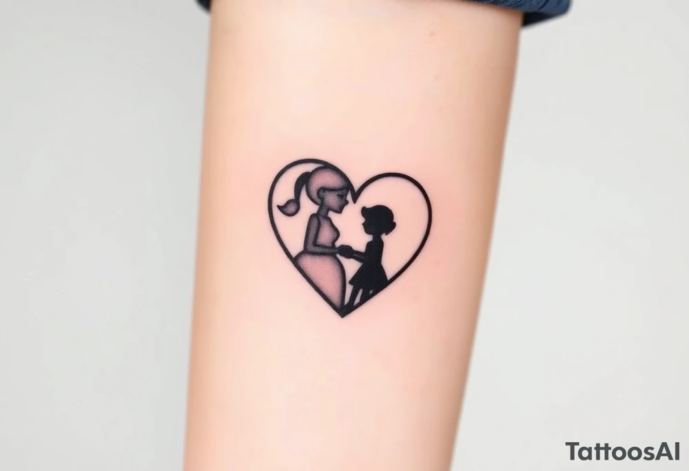 A mother and child shadow inside a heart-shaped puzzle piece, in black and white with a subtle blue glow tattoo idea