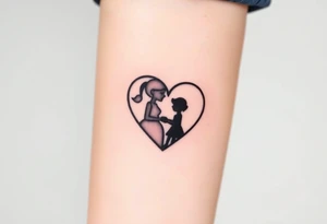 A mother and child shadow inside a heart-shaped puzzle piece, in black and white with a subtle blue glow tattoo idea