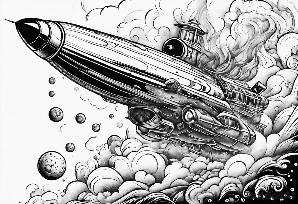 thin rocketship with a psychedelic mushroom top with fire coming out the bottom bursting out of bubble tattoo idea