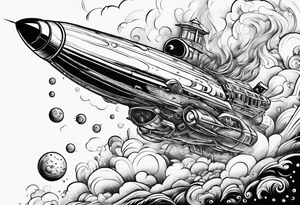 thin rocketship with a psychedelic mushroom top with fire coming out the bottom bursting out of bubble tattoo idea