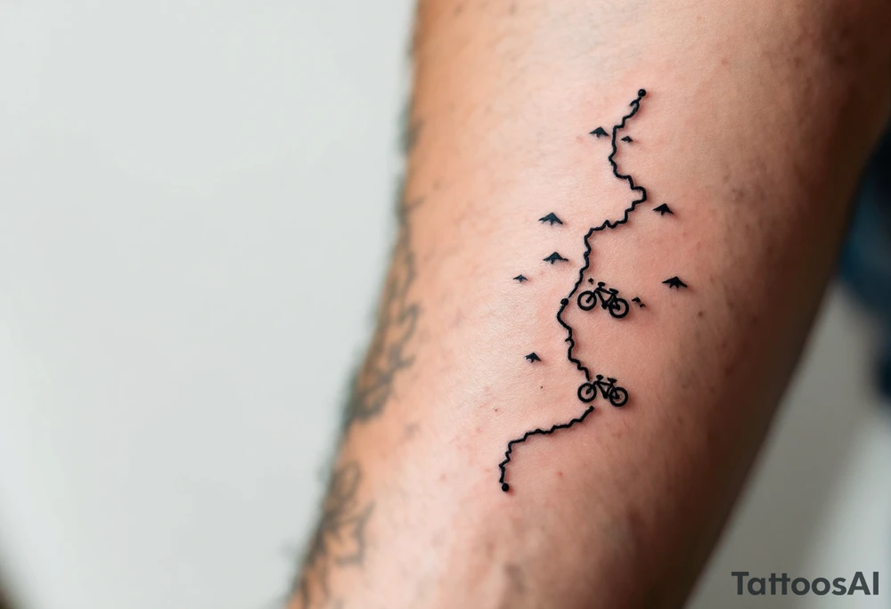 A trail map with a small bicycle icon marking the journey, in a rustic, earthy color palette with detailed topographic lines. tattoo idea