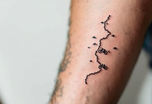 A trail map with a small bicycle icon marking the journey, in a rustic, earthy color palette with detailed topographic lines. tattoo idea