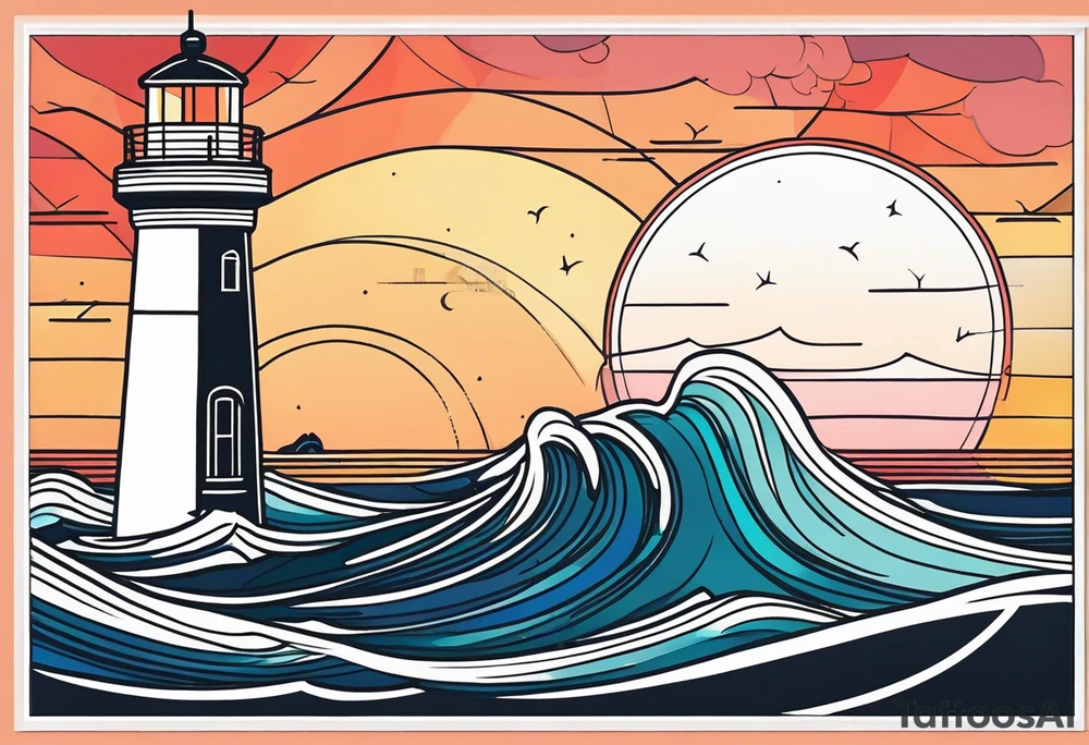 lighthouse very fine line, geometri colored. also rough sea close to the lighthouse with a sunset tattoo idea