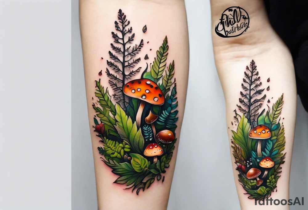 minimalistic forest floor inspired tattoo, which includes grass, moss, curly ferns and dead leaves as the bulk of the tattoo. details to include: forest berries, couple of very small brown mushrooms, a tiny bumblebee flying nearby tattoo idea