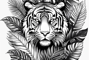 Womans Full arm tattoo sleeve design.  Smaller 
abstract tiger full body coming down front of shoulder, monstera foliage on forearm, beach landscape on bicep tattoo idea