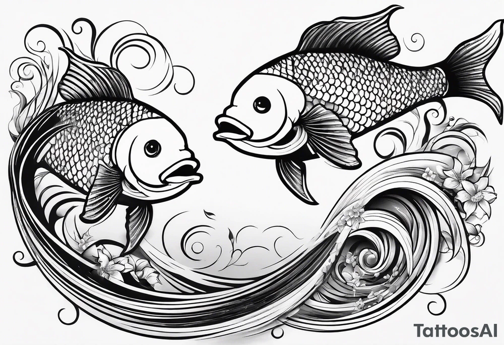 twin coi fish one red one black with waves and lotus flowers tattoo idea