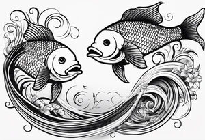 twin coi fish one red one black with waves and lotus flowers tattoo idea