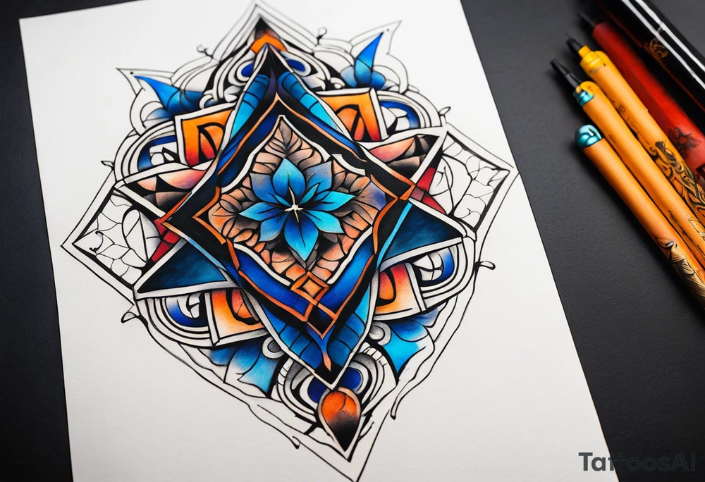semi Detailed neo traditional knee tattoo flat on paper. The tattoo features geometric patterns and bold lines, creating a visually striking design with slight tints of deep fall colors. The a background 
behind the tattoo featuring deep blues washes and water swirls tattoo idea