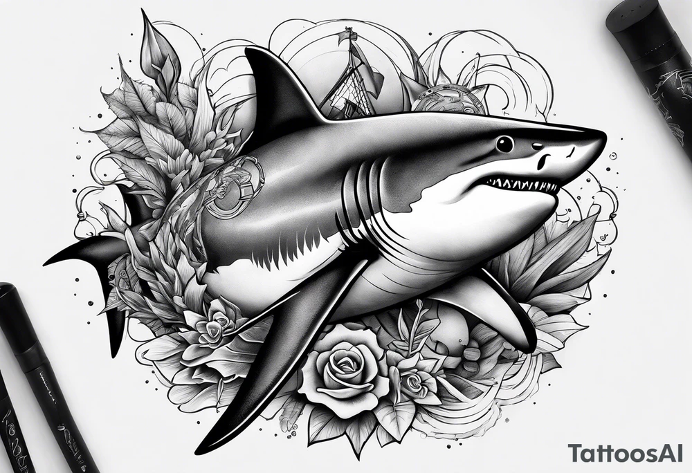 2 nautical style sharks wrapped around the knee tattoo idea