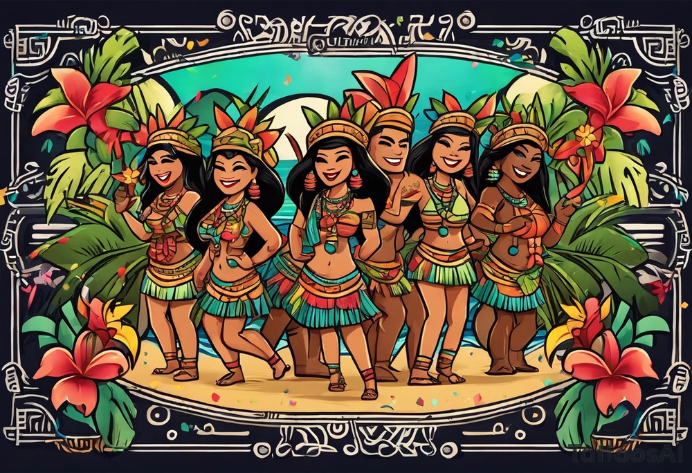hulu tiki party with dancing tiki guys and sexy tiki girls on a beach with music notes and confetti around a blank space in the middle tattoo idea