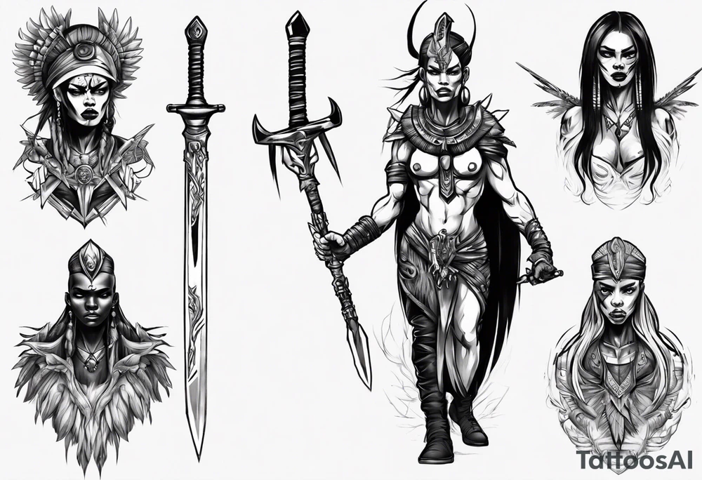 African valkyre slim face presenting sword tattoo idea