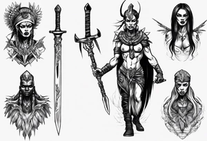 African valkyre slim face presenting sword tattoo idea