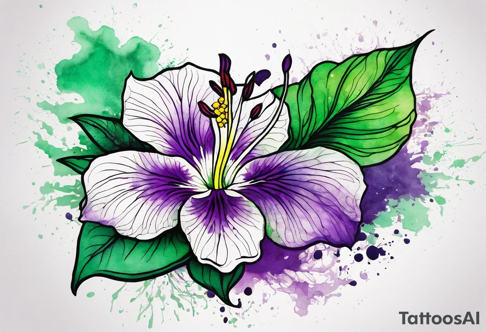 A mystical outline of a rio dipladenia flower and a green/purple watercolor splatter in the background tattoo idea