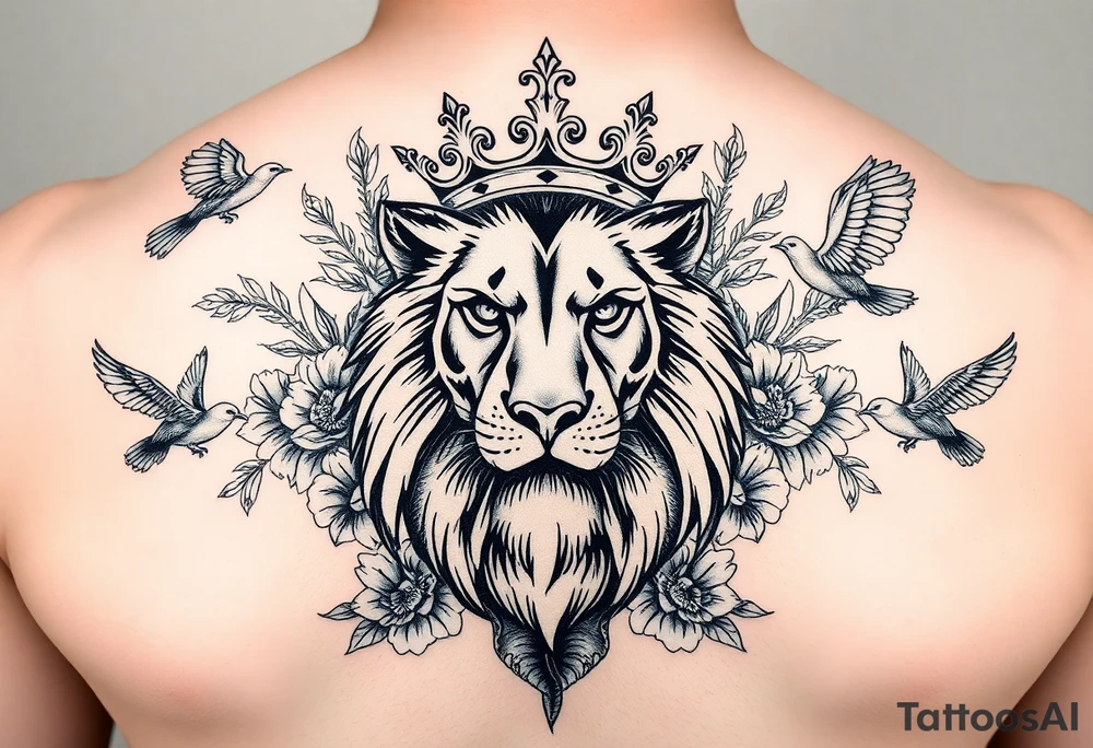 powerful majestic lion with a crown, surrounded by floral ornaments and birds tattoo idea