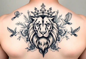 powerful majestic lion with a crown, surrounded by floral ornaments and birds tattoo idea