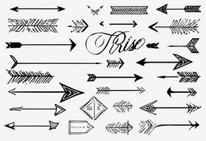 I want a very thin plain arrow going through the sentence “still i rise” which uses a handwritten thin spaced out font tattoo idea