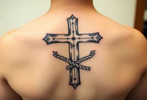 weathered christian cross wrapped in nautical rope with sea waves tattoo idea