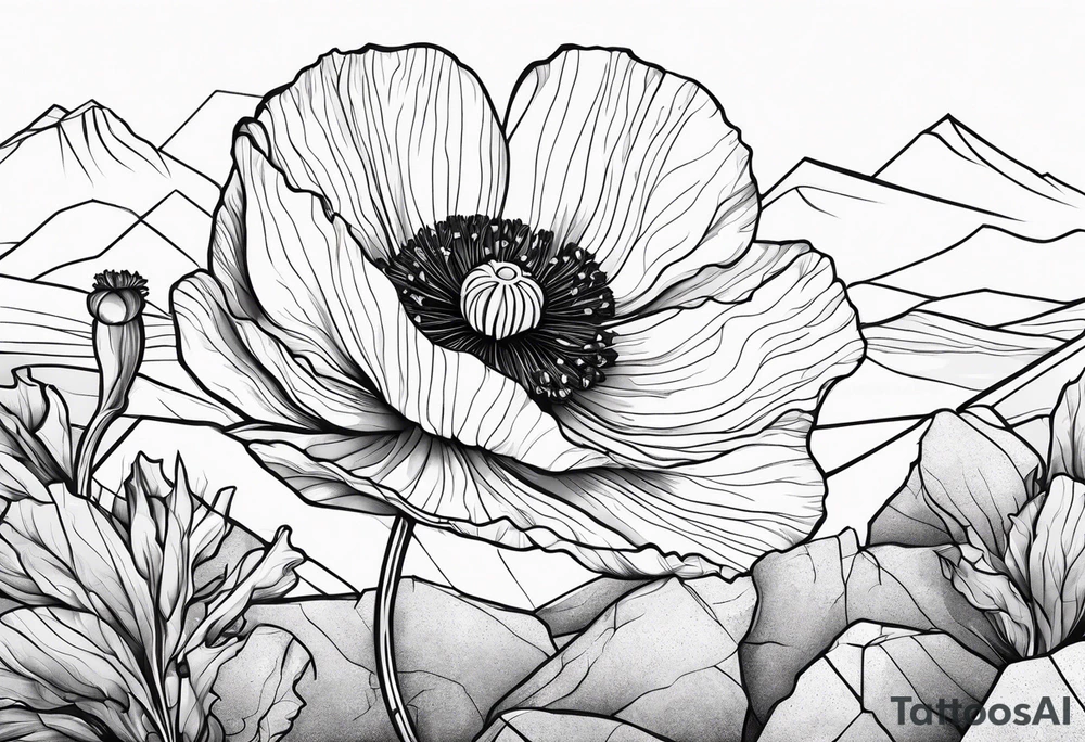 Poppy plant breaking through rock ground tattoo idea