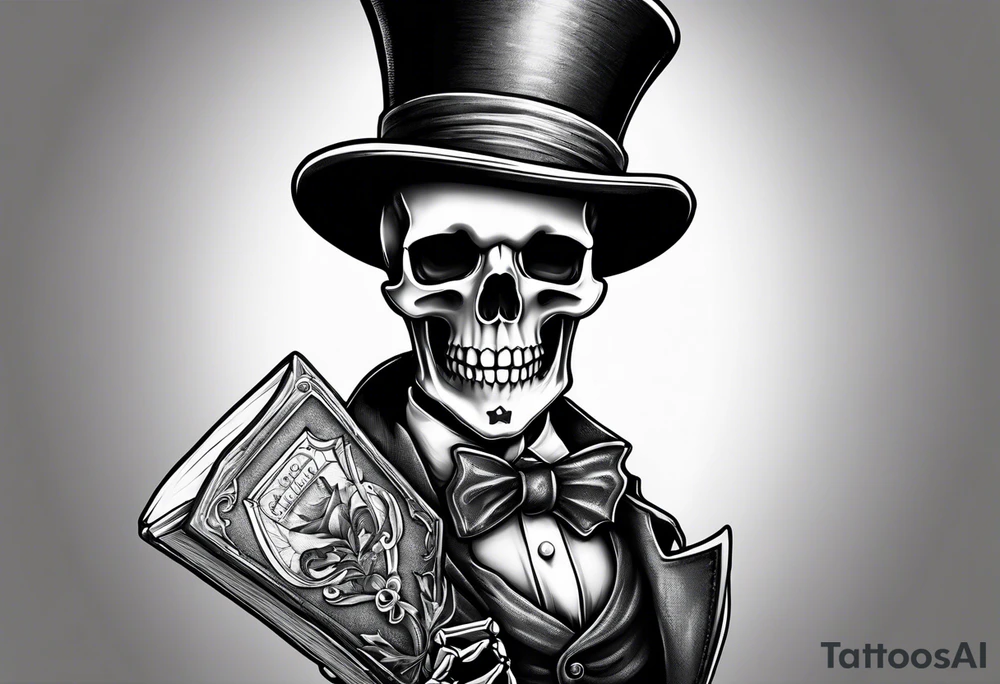 skeleton wearing a top hat holding a bible tattoo idea